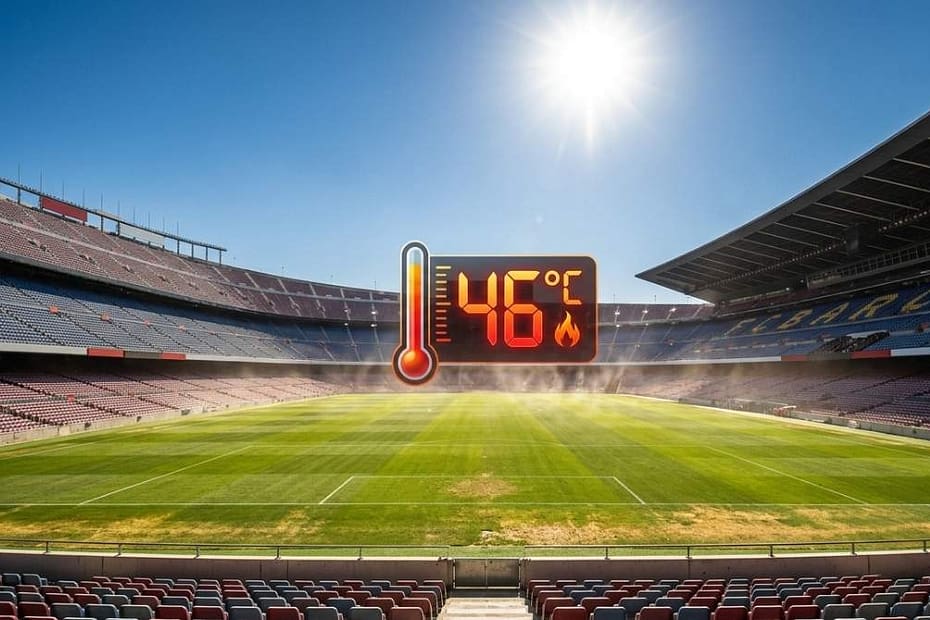 Thermometer overlaid on a football pitch — FIFA 2026 World Cup heat risk