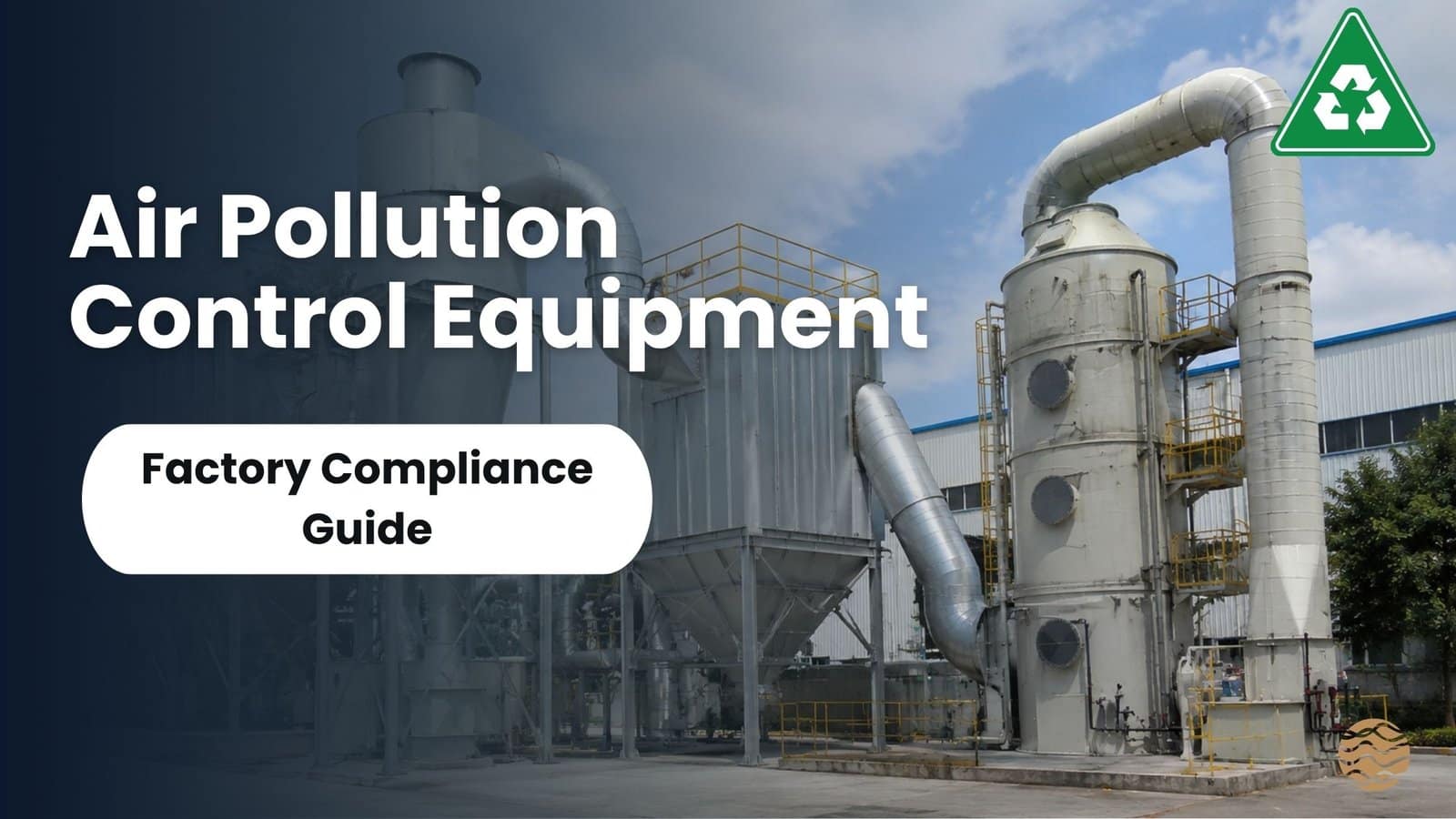 Industrial factory showing air pollution control equipment on emission stacks and ducting