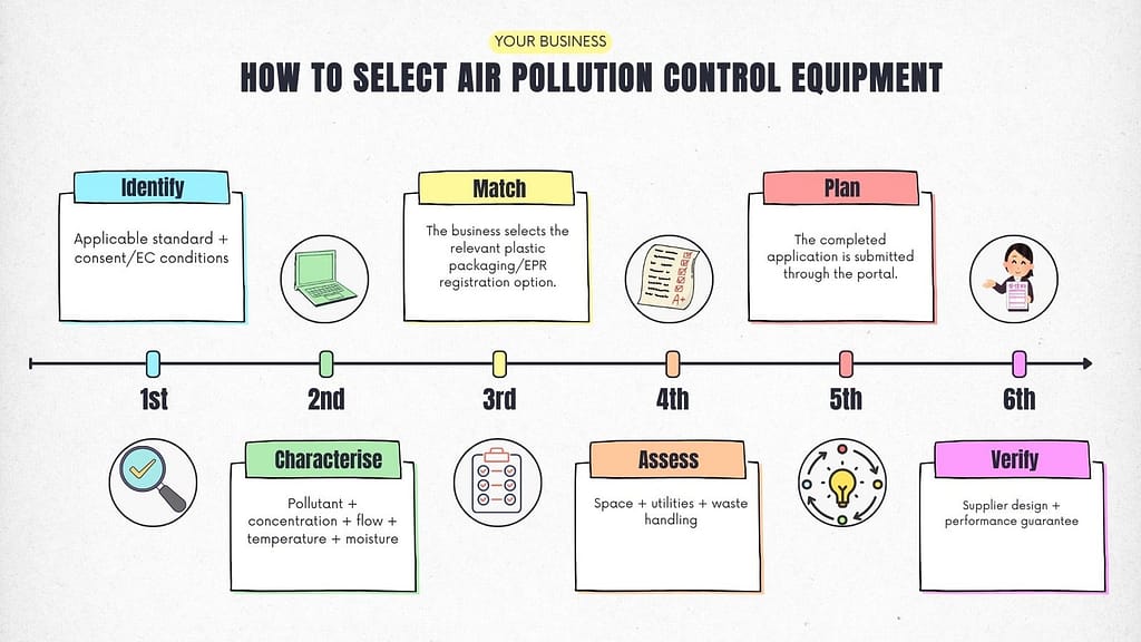 Air Pollution Control Equipment Compliance Standards for Factories in India 12 Six-step process for selecting air pollution control equipment for a factory
