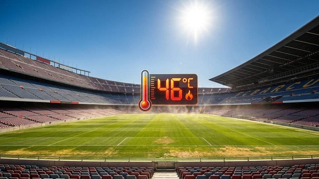 Thermometer overlaid on a football pitch — FIFA 2026 World Cup heat risk