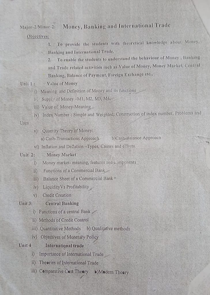 Syllabus of Economics Major/Minor-2- Money, Banking and International Trade. 2 Syllabus of Economics Major/Minor-2- Money, Banking and International Trade.