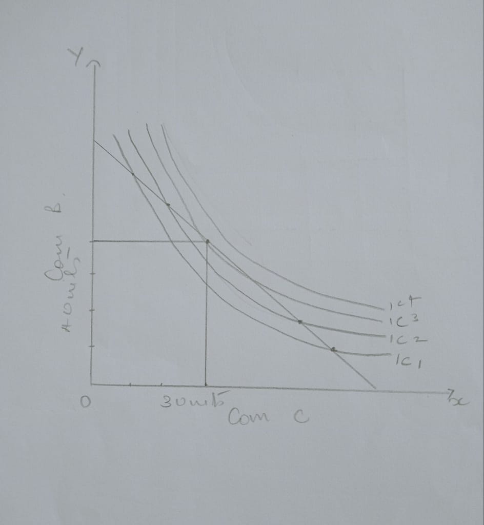 Explain the consumer's equilibrium under indifferent analysis. 1 CONSUMER'S EQUILIBRIUM GRAPH